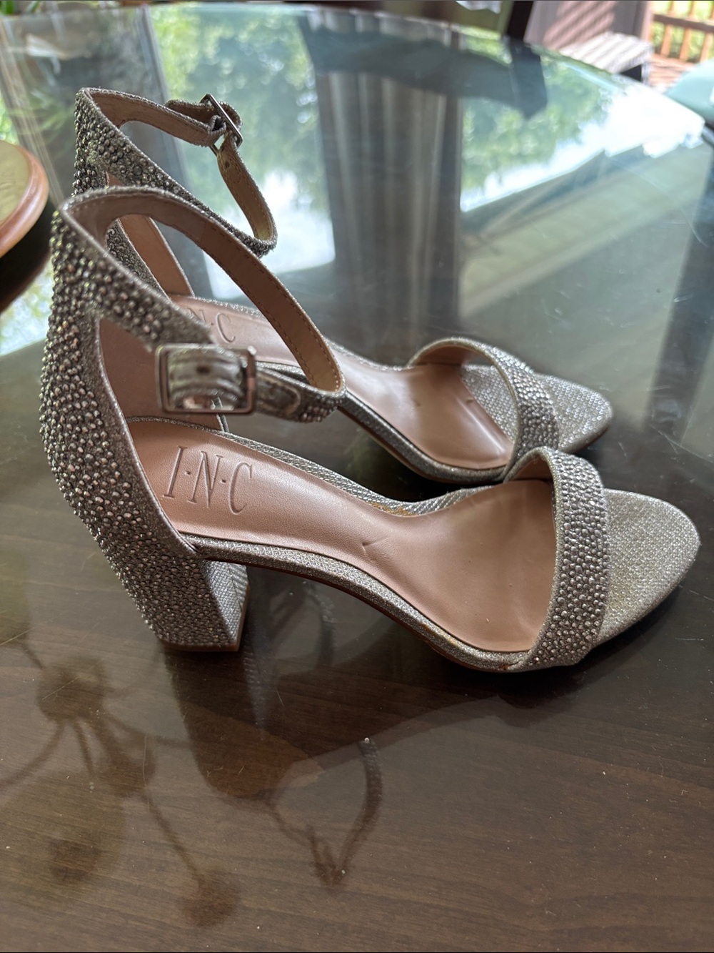 INC International Concepts Silver Rhinestone Ankle Strap Block Heels